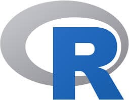 The R programming language logo on a laptop screen